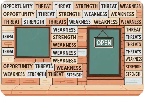 Illustration of a brick-and-mortar storefront made up of words like Strengths, Weaknesses, Opportunities, and Threats, symbolizing the parts of a SWOT analysis.