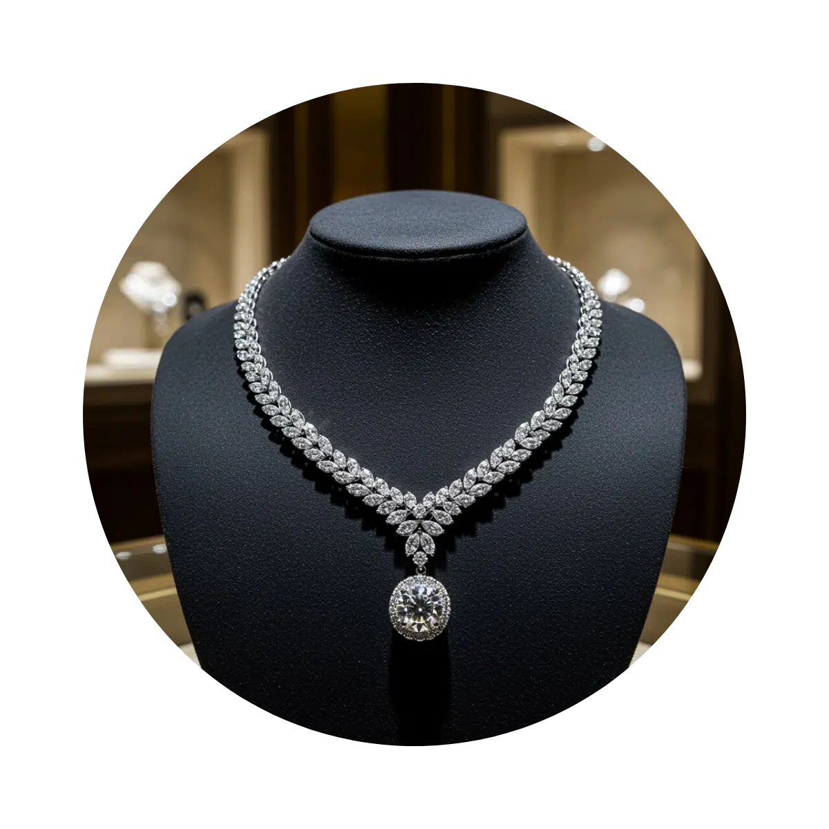 Diamond necklace on black display in retail setting