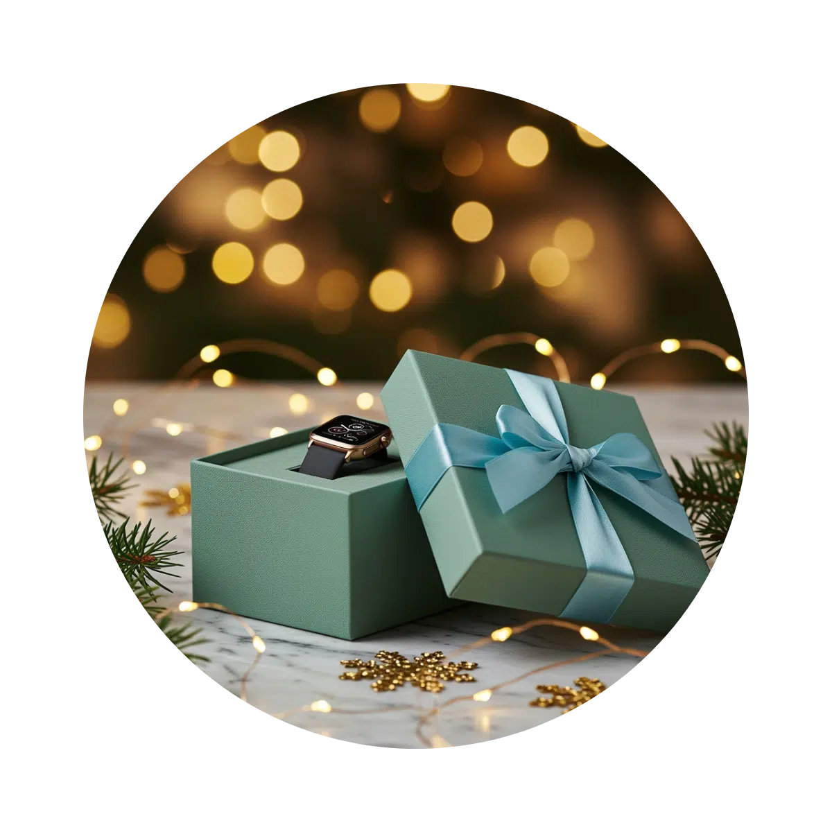 Wrapped gift boxes with ribbon and festive lights
