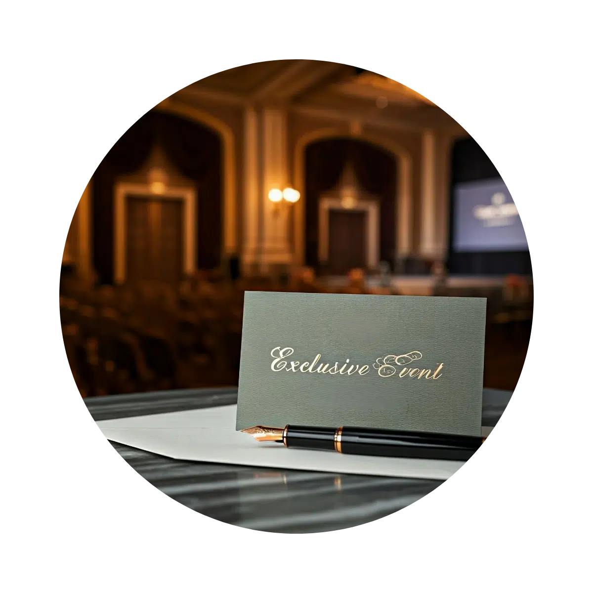 Elegant event invitation on table in formal ballroom setting
