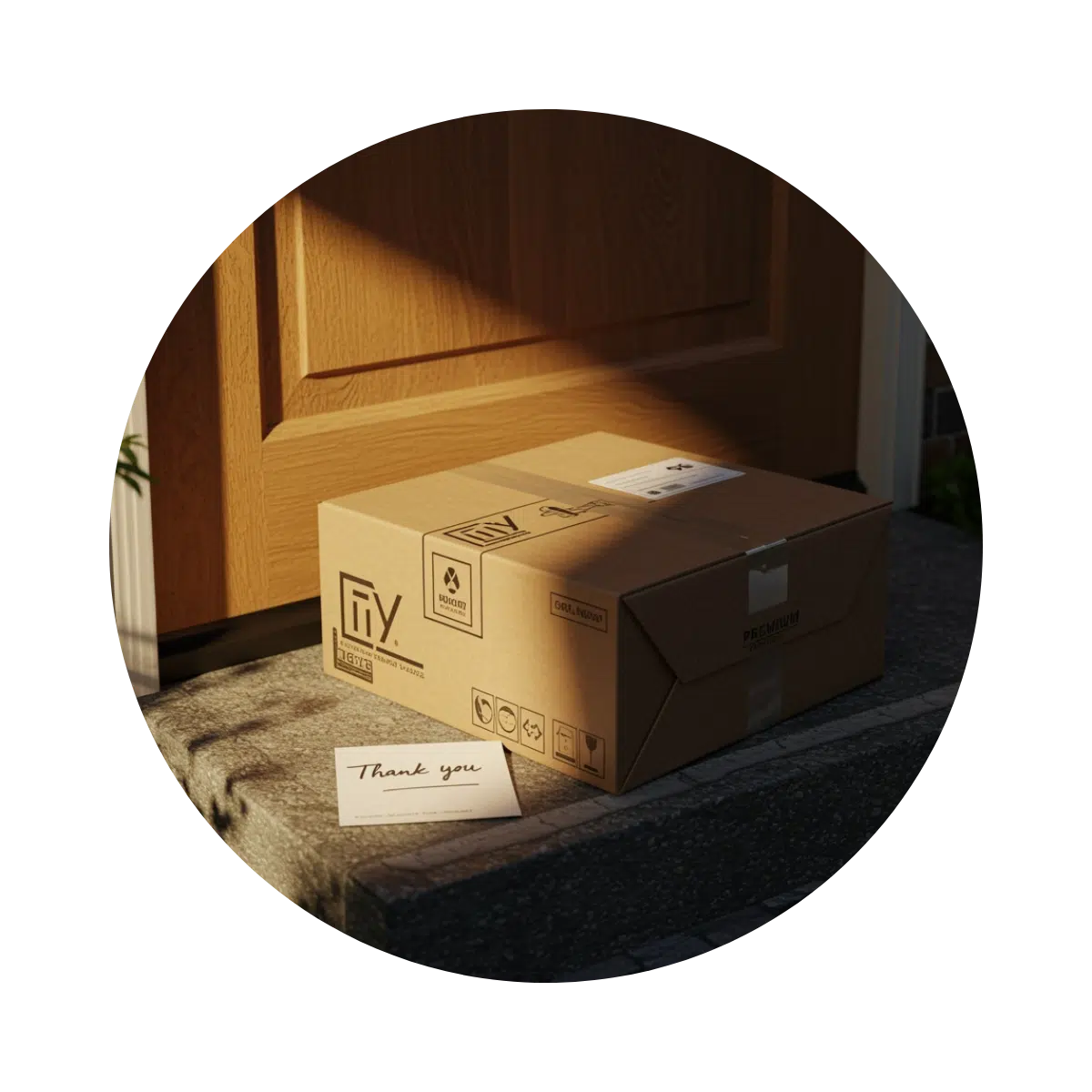 Delivery box with thank-you card left on doorstep