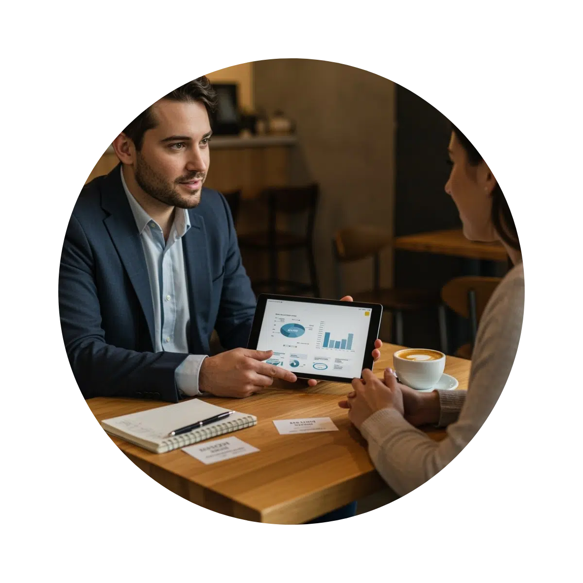 Professional presenting data on a tablet to a potential customer