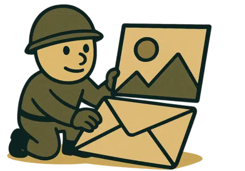 Cartoon soldier holding an envelope and a picture icon, symbolizing email visuals