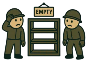 Cartoon soldiers looking concerned beside an empty shelf labeled EMPTY, symbolizing scarcity and urgency in marketing