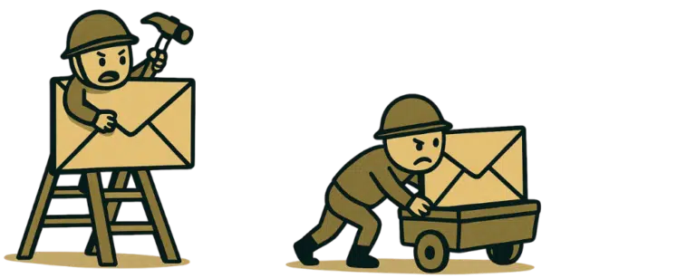 Cartoon soldier characters building and delivering oversized envelopes, symbolizing the process of email deployment