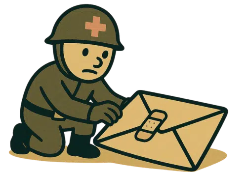 Cartoon medic soldier gently applying a bandage to an oversized email envelope, symbolizing ethical and healthy email list building