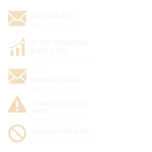 Icons and text displaying key email marketing metrics: open rate, click-through rate, bounce rate, spam complaint rate, and unsubscribe rate benchmarks