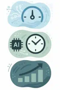 Icons representing inbound lead generation benefits: AI automation, time efficiency, and scalable business growth