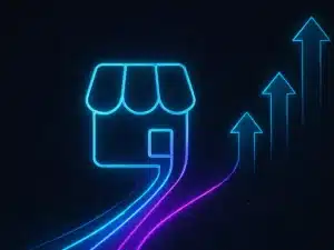 Neon-style storefront icon with upward arrows representing increased Google Business Profile traffic