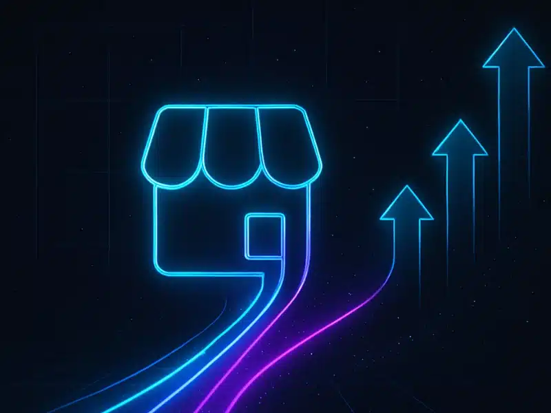 Neon-style storefront icon with upward arrows representing increased Google Business Profile traffic