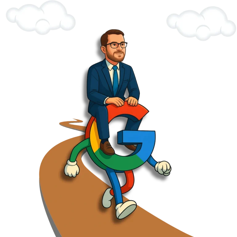 Business owner riding the Google "G," symbolizing strategies on how to increase traffic through effective SEO.