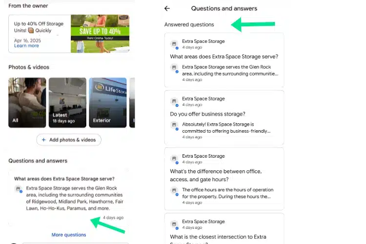 Google Business Profile Questions and Answers section displaying user inquiries and business responses for local SEO optimization.