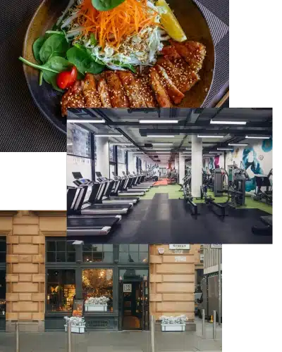 A collage of well-lit, high-quality business photos including a restaurant dish, a fitness gym, and a storefront. These images represent the importance of using professional, clear images to enhance Google Business Profile visibility and build trust with local search users.
