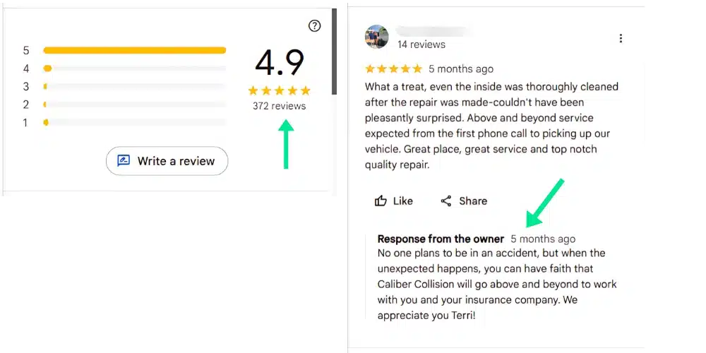 Google Business Profile reviews showing a 4.9-star rating, customer feedback, and an owner's response, emphasizing the impact of reviews on local search optimization.