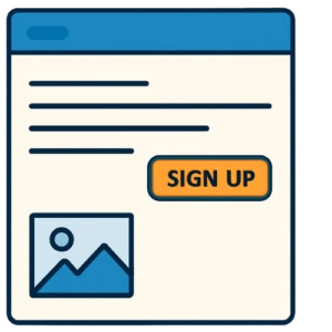 Illustration of a landing page with text, image, and a prominent sign-up button