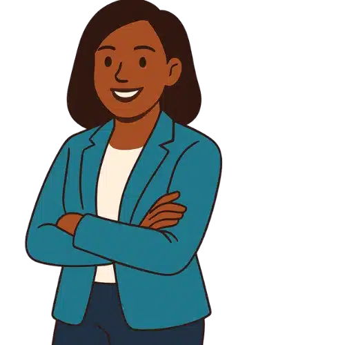 Confident businesswoman smiling with arms crossed next to AI chatbot service CTA