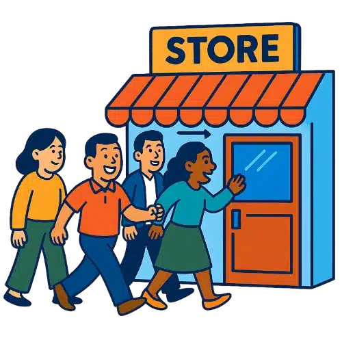 Illustration of diverse customers eagerly entering a storefront