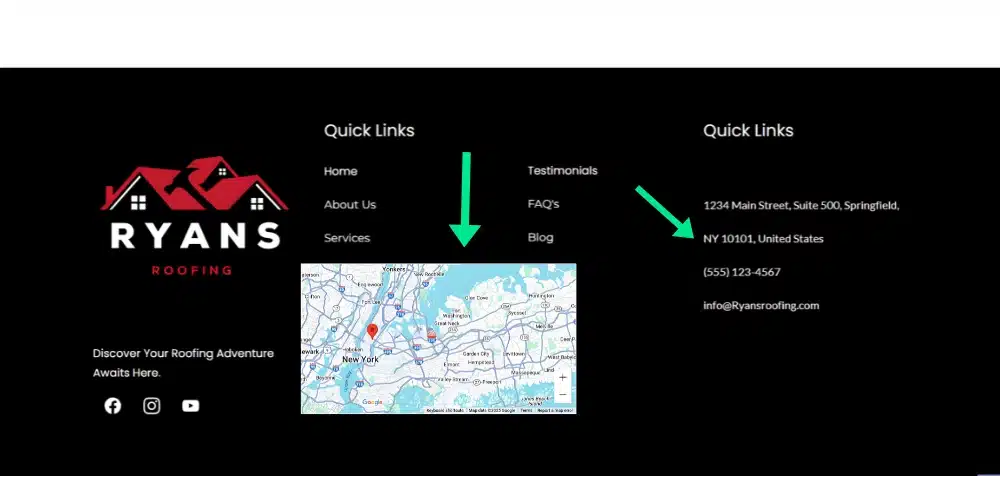 Website footer with an embedded Google Map, business address, and contact information for local SEO optimization.