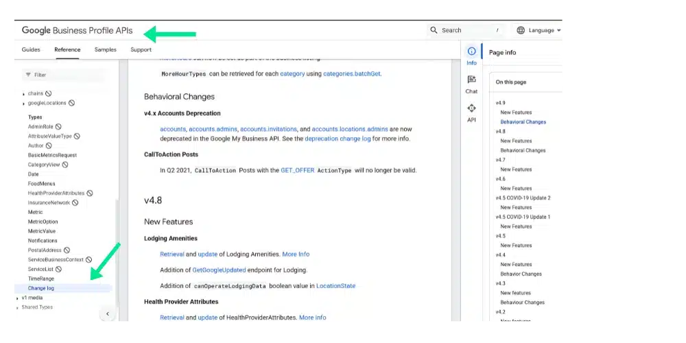 Google Business Profile API changelog displaying new features and updates for local search optimization.