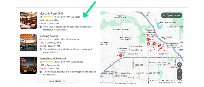 Google Local Pack example displaying top business listings and a map, illustrating how to increase Google Business Profile traffic through better local search visibility.