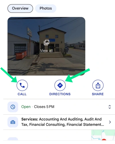 Google Business Profile mobile view showing call, directions, and share buttons for seamless local engagement.