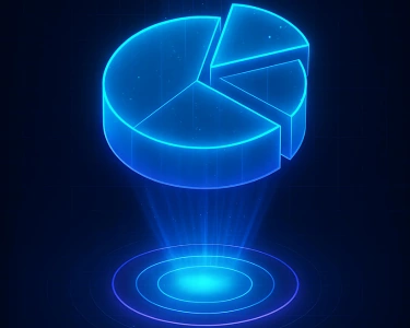Futuristic neon blue holographic pie chart representing email marketing performance metrics.