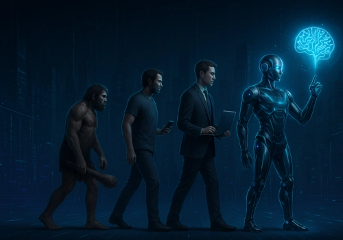 Evolution from early human to futuristic AI robot holding a glowing brain, representing the future of AI for market research and data analysis.