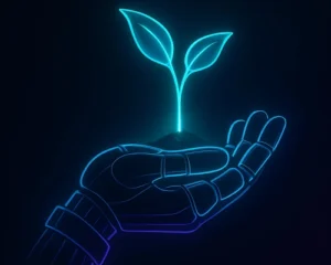 Robotic hand holding a glowing neon plant sprout, symbolizing AI nurturing startup growth on a dark background.