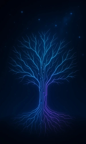 Digital tree made of neon circuits reaching into a starry sky, symbolizing how a digital marketing agency for startups fosters sustainable, long-term growth.