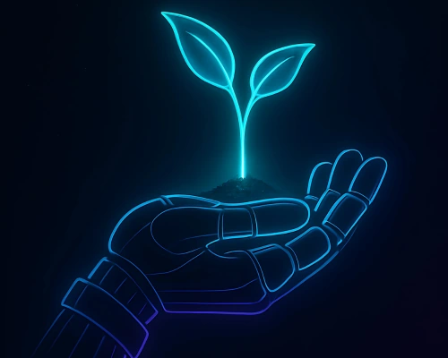 Robotic hand holding a glowing neon plant sprout, symbolizing AI nurturing startup growth on a dark background.