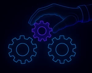 Illustration symbolizing common marketing automation mistakes, with AI robotic hands adjusting a central cog to restore system flow.