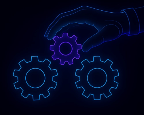 Illustration symbolizing common marketing automation mistakes, with AI robotic hands adjusting a central cog to restore system flow.