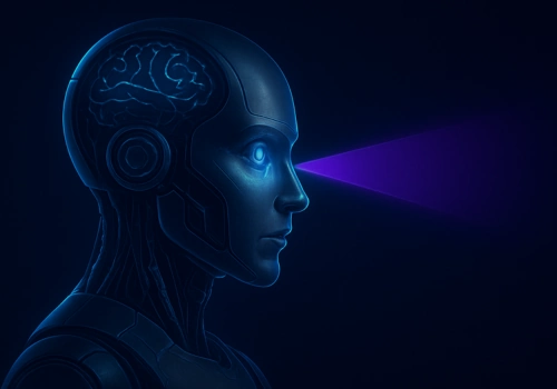 Realistic AI robot projecting a glowing purple light beam from its eye, symbolizing focused analysis in market research.