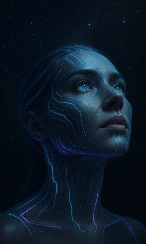 Hyper-realistic digital face of a futuristic AI woman looking up at the stars, illuminated by Electric Aqua and Neon Purple circuit lines.