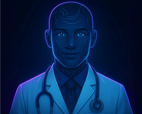 Smiling AI doctor with natural eyes, wearing a lab coat and stethoscope, illustrated in neon blue and purple tones on a dark background.