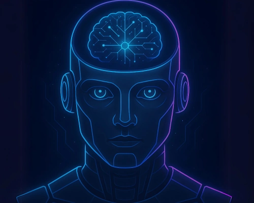 Futuristic AI robot with glowing neural brain exposed, symbolizing artificial intelligence in market research and data analysis.