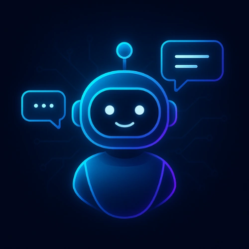 Smiling AI chatbot with speech bubbles, representing automated review collection using conversational tools.