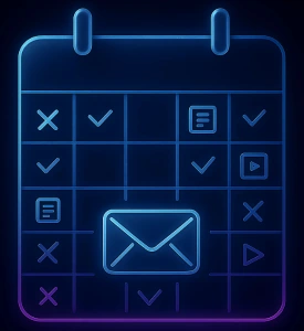 Calendar icon with glowing symbols representing email marketing for content distribution and scheduling consistency.