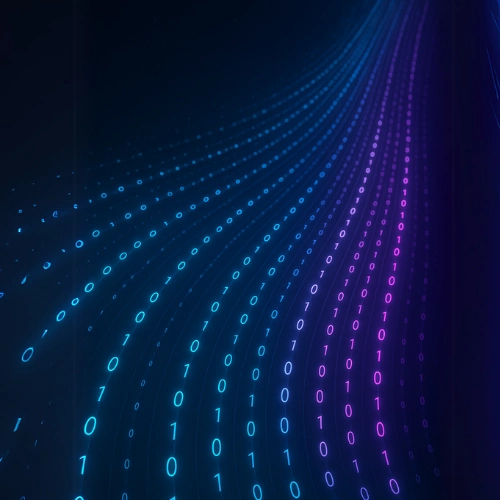 Flowing streams of glowing binary code in blue and purple, representing AI-driven data analysis.
