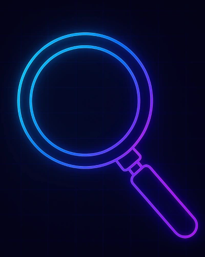 Neon magnifying glass icon in blue and purple tones symbolizing AI-powered email optimization and analysis.