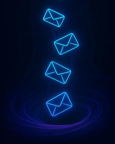 Neon blue email icons falling into a swirling digital void beneath a glowing AI radar, symbolizing ignored or unopened emails.