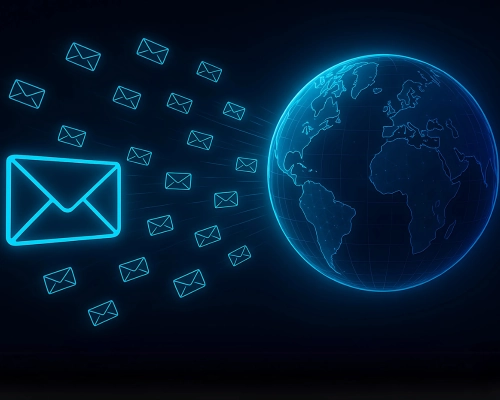 Neon blue glowing email icons flying toward a digital wireframe Earth on a dark background.