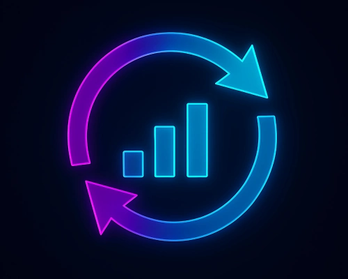 Neon feedback loop icon with bar chart representing continuous improvement in marketing automation.
