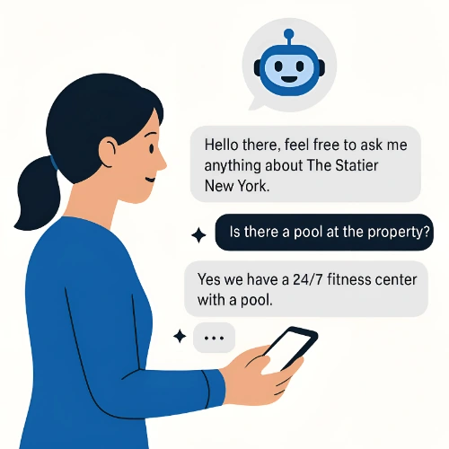 Guest interacting with hotel AI booking system chatbot at front desk