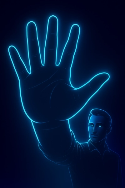 Neon outline of a person raising a glowing hand, symbolizing the power of social proof and organic reach from customer reviews.