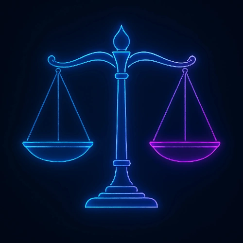 Neon balance scale symbolizing legal options for handling defamatory online reviews