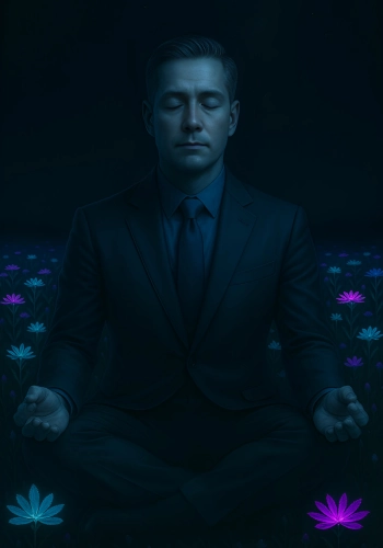 Businessman meditating among glowing lotus flowers, symbolizing how to respond to negative reviews with calm and professionalism