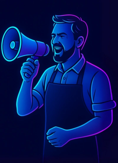 Business owner holding a megaphone, symbolizing public review recognition and customer appreciation.