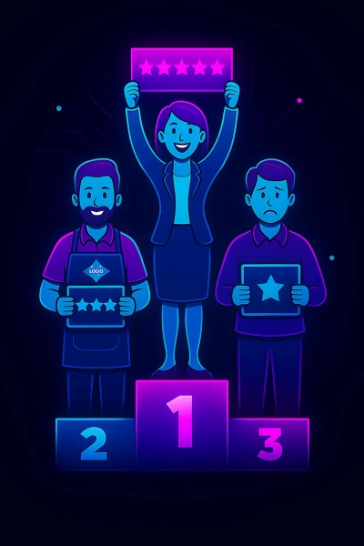 Three business owners standing on a podium ranked by review quality, symbolizing the SEO impact of online reviews.