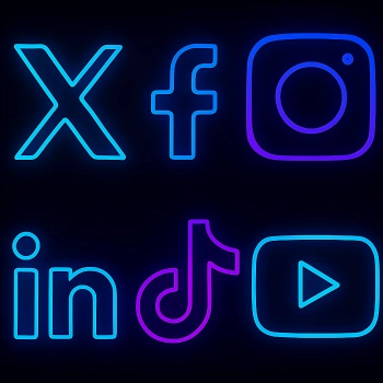 Neon icons of top social media platforms used in digital marketing